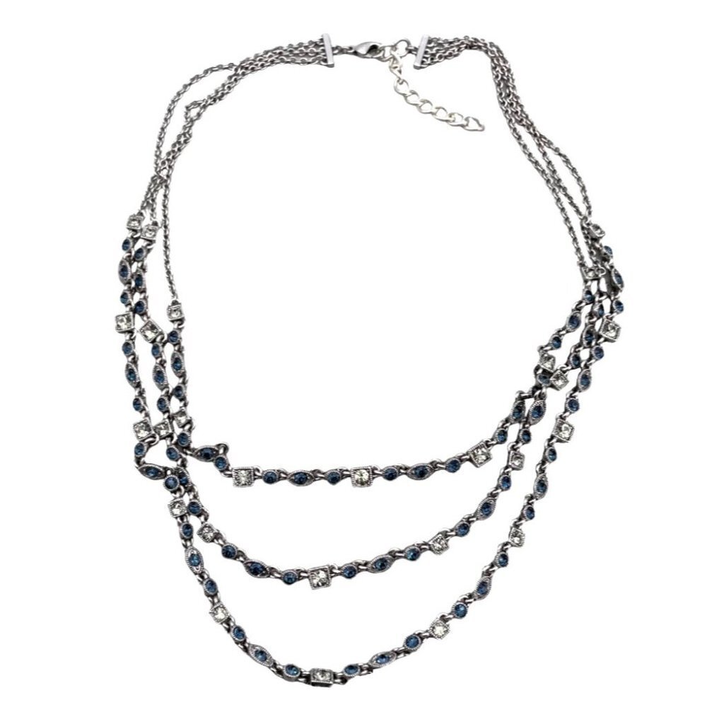 Givenchy Blue & Clear Crystal Multi Strand Necklace Silver-Tone 18 to 20 in - Picture 2 of 8